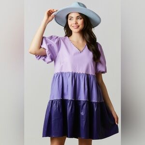 Colorblock Puff Sleeve Dress with rhinestones